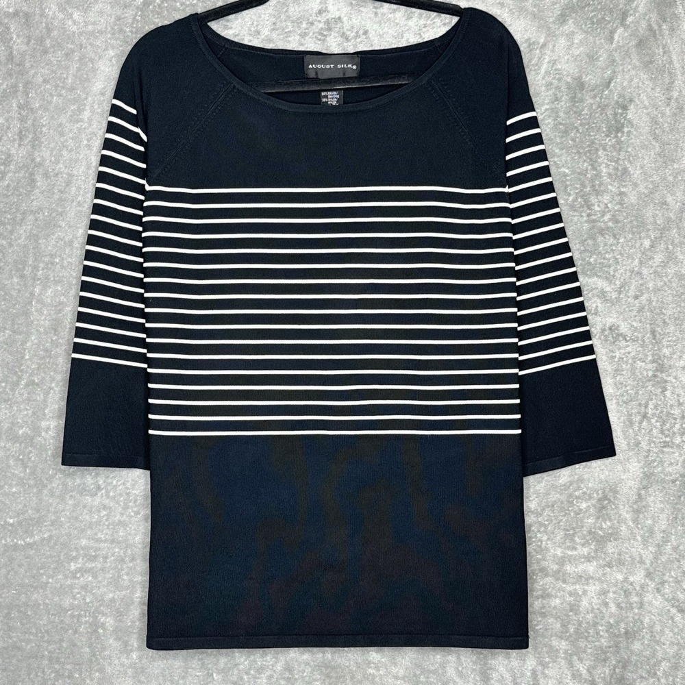 August Silk 2X Shirt Top Black White Striped 3/4 Sleeve Scoop Neck Knit Womens